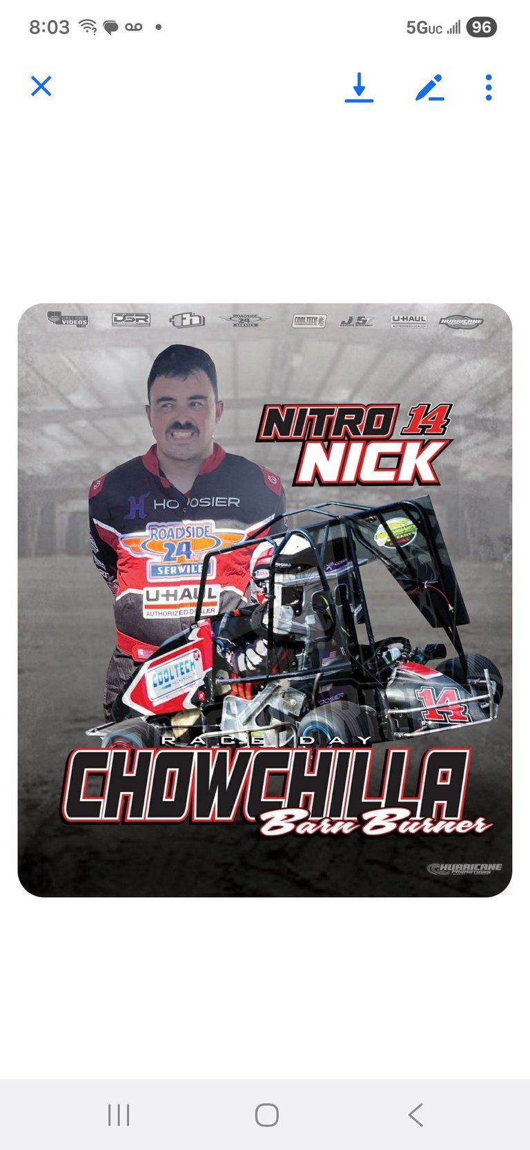 Nitro 14 Nick promotional poster featuring a drag racing driver with red dragster and sponsor logos on grey background